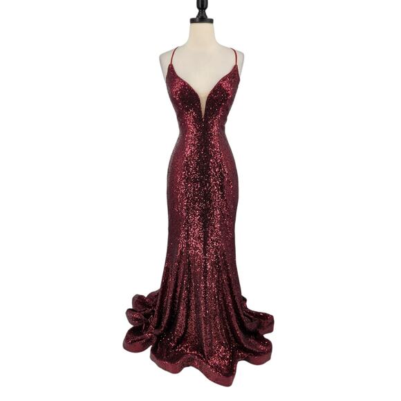 The Secret Dress by Alyce Paris Burgundy Sequin Gown – Size 8 - Open Back Train - Picture 3 of 14
